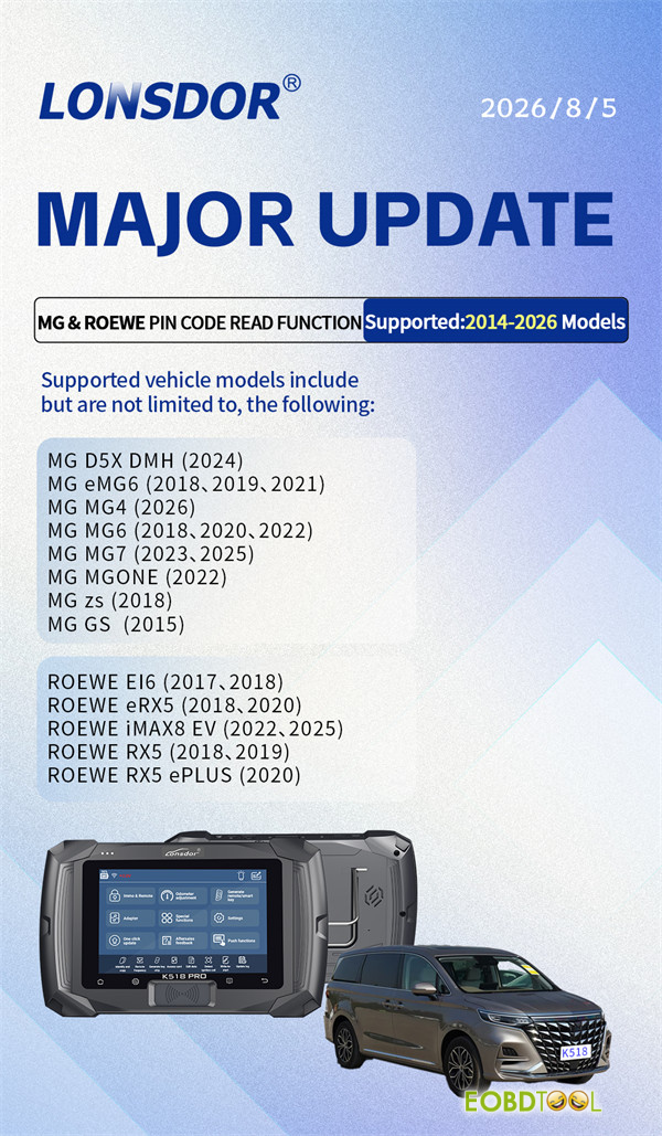 lonsdor k518 pro update mg roewe pin code read